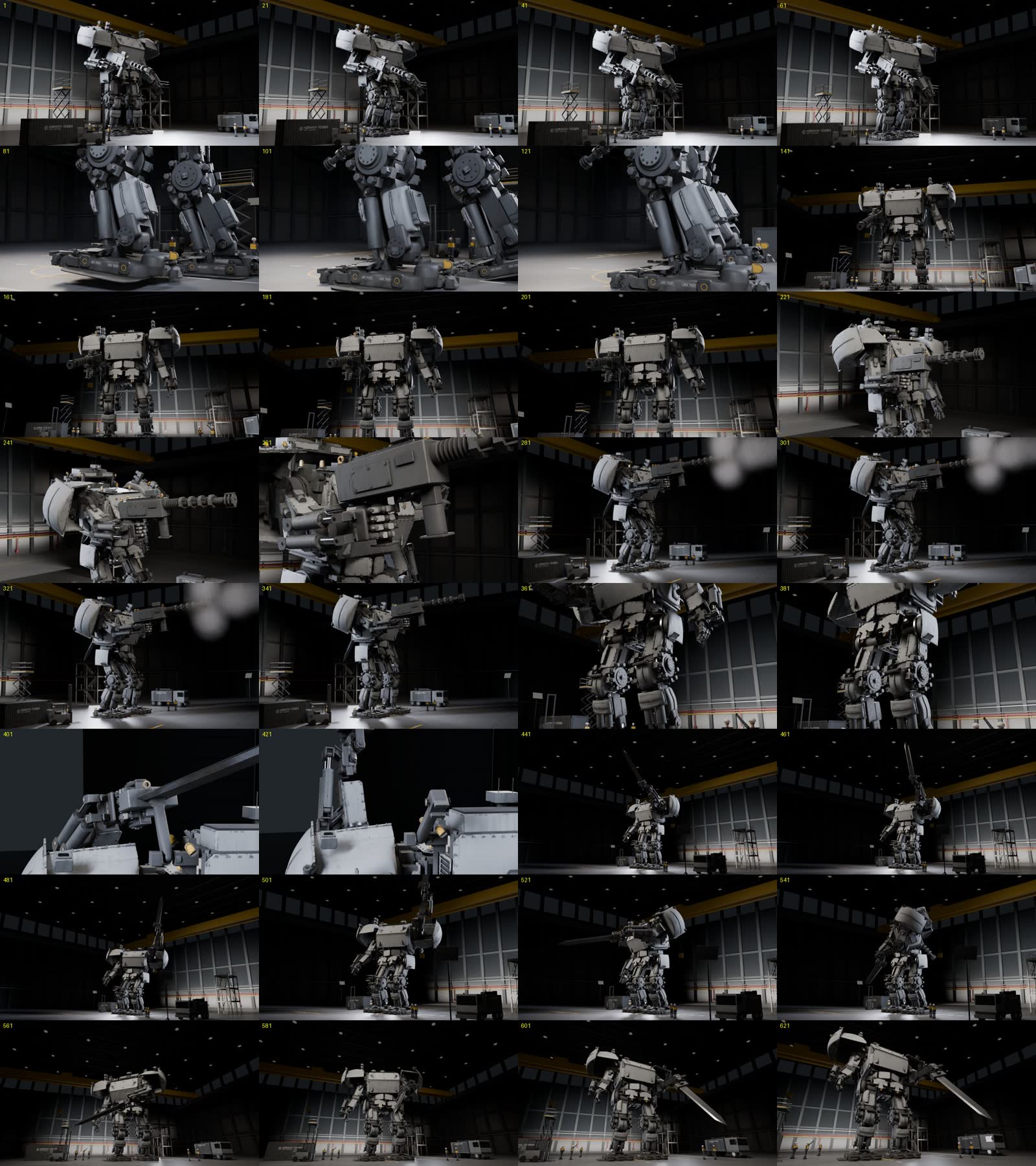 Grid of 32 frames from the finished mech film