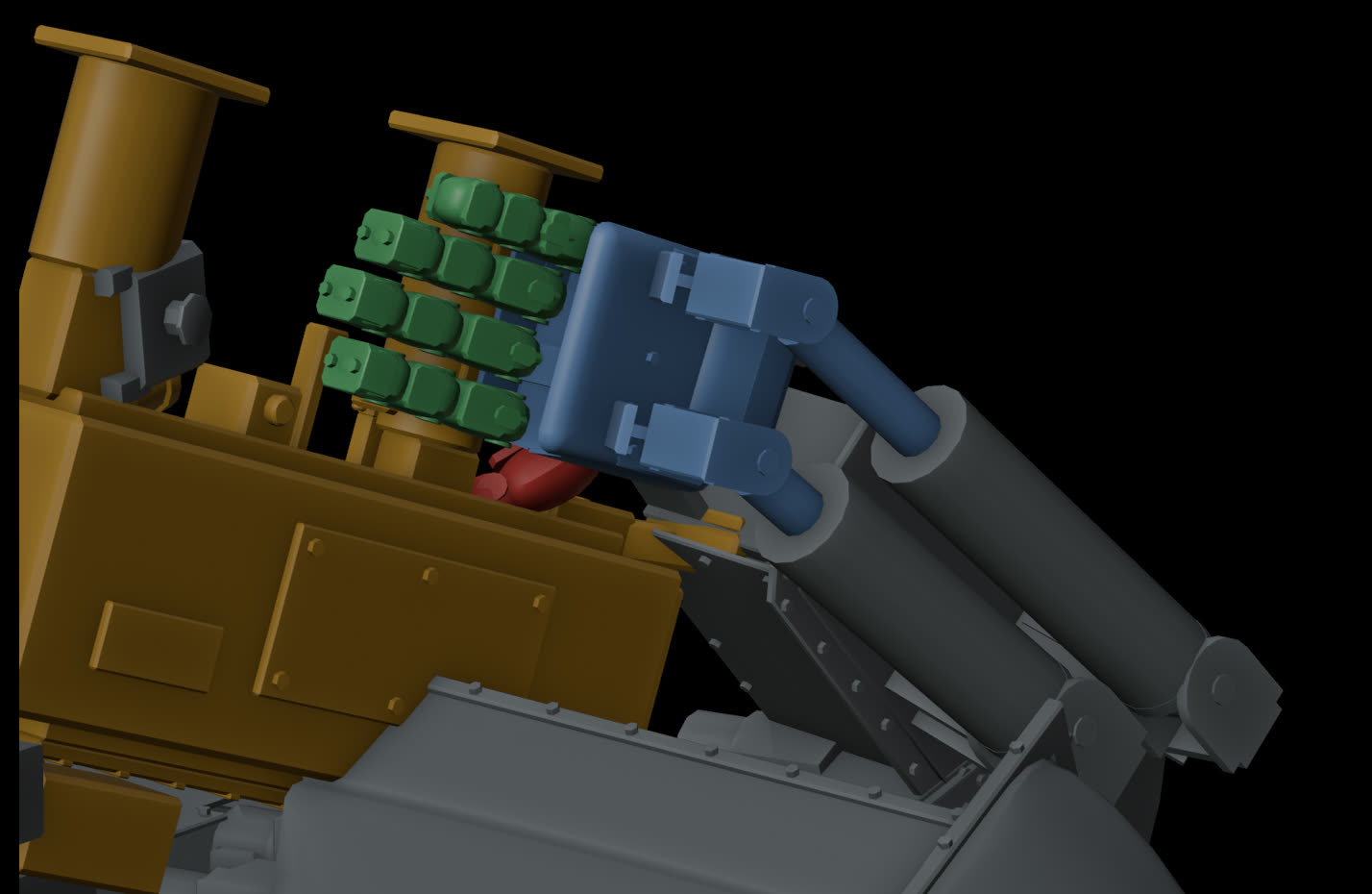 Colour-coded close-up of a mech hand on a rifle, with one finger segment in red where it clips into the weapon