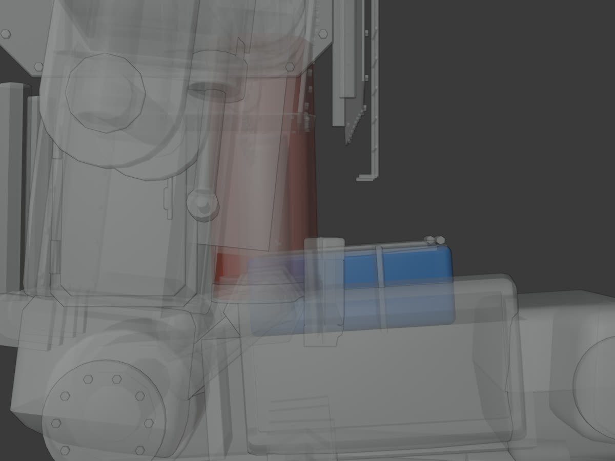 X-ray view of a bent knee with a hydraulic ram barrel in red overlapping a blue housing in the shin