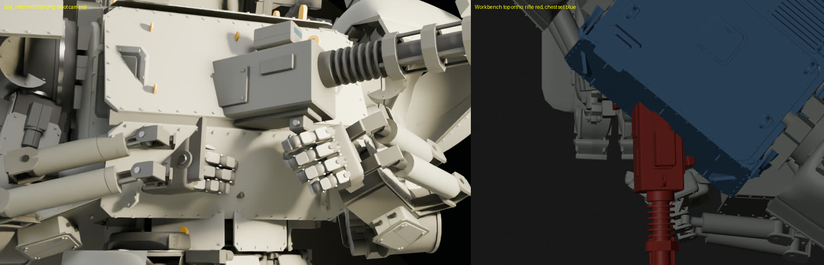 Two views of the same frame: a rendered mech holding a rifle that looks plausible, and a top-down view showing the rifle buried in the chest