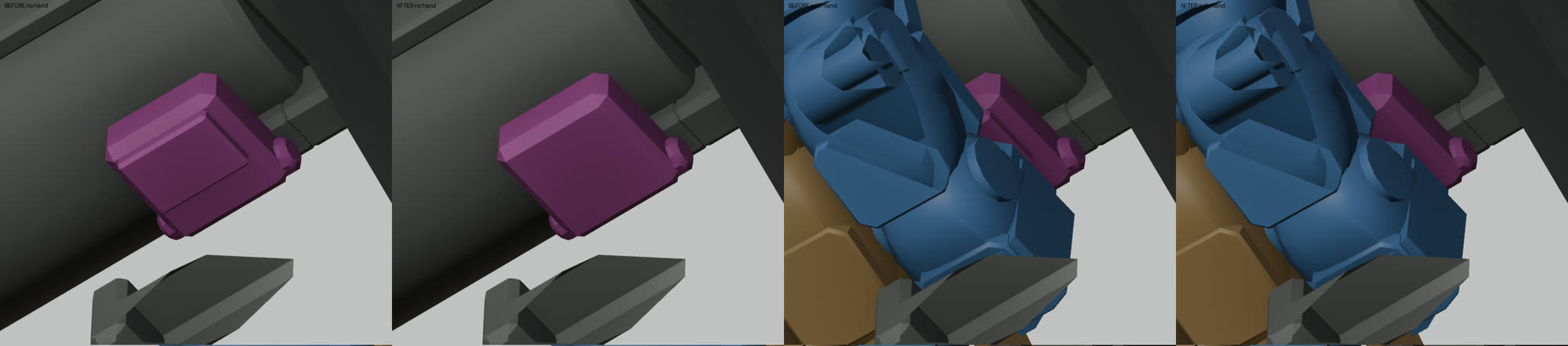 Four close-ups of a magenta trigger paddle, before and after a raised rib was removed, without and with the mech's hand